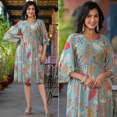 green-floral-foil-printed-chiffon-a-line-dress