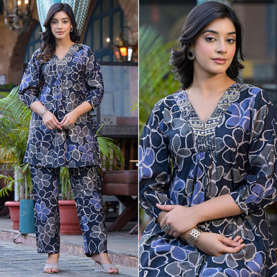 Denim Blue Floral Printed Chanderi Silk Co-Ord Set