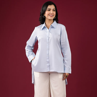 Light Blue Solid Satin High-Low Shirt