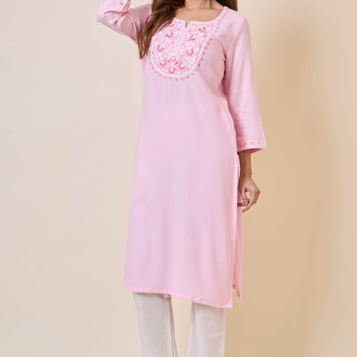Light Pink Yoke Embroidered Rayon Straight Kurti