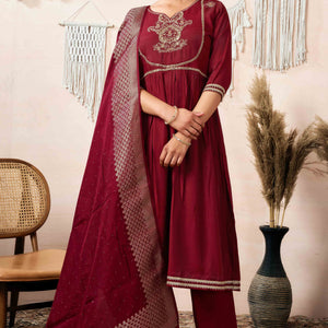 Maroon Sequins Embroidered Cotton Silk Anarkali Salwar Suit