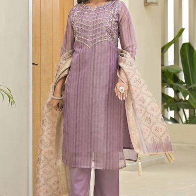 Lavender Embroidered Handwork Crush Chanderi Salwar Suit