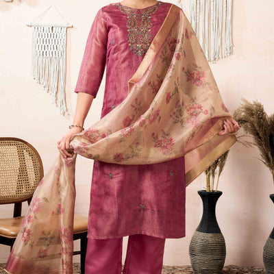 Mauve Sequins Embroidered Shimmer Straight Salwar Suit
