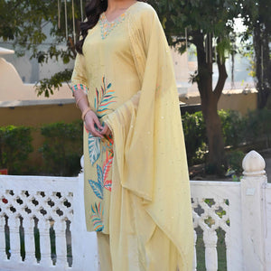 Lime Yellow Sequins Work With Printed Muslin Salwar Suit