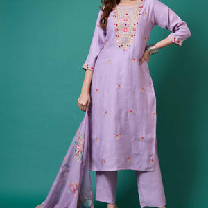 Lavender Handwork Embroidered Viscose Straight Salwar Suit
