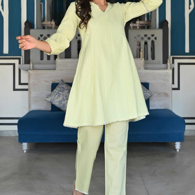 Lemon Yellow Dobby Work Pure Cotton Co-Ord Set