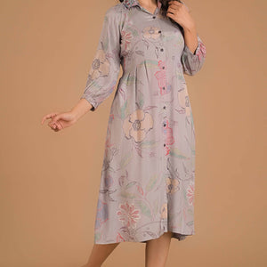 Light Purple Floral Printed Muslin A-Line Dress