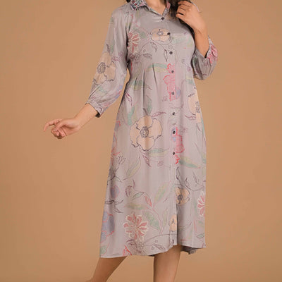 Light Purple Floral Printed Muslin A-Line Dress
