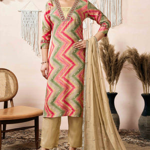 Dark Peach Embroidery With Printed Muslin straight Salwar Suit