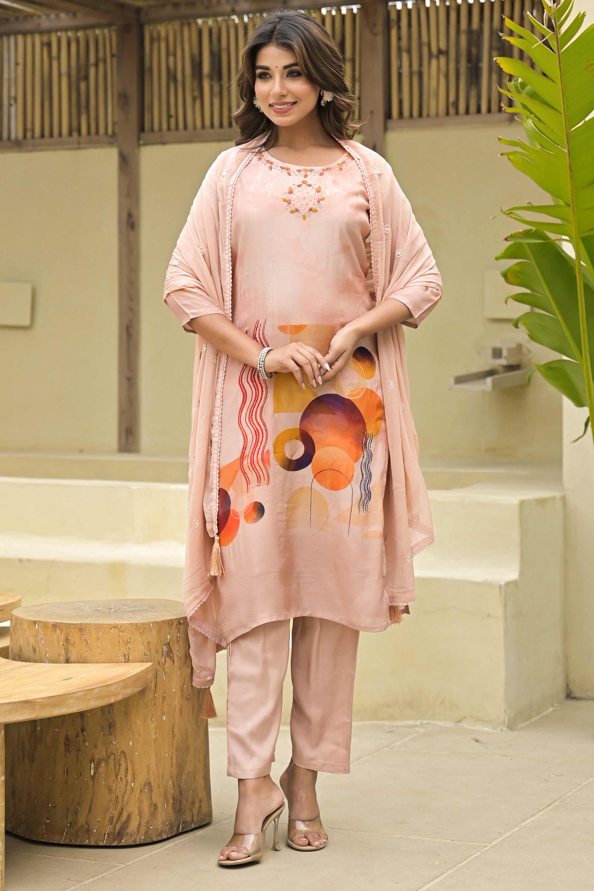 Coral Peach Geometric Pattern Muslin Straight Salwar Suit With Handwork