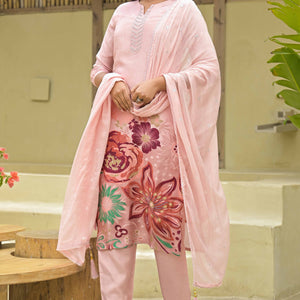 Blush Peach Floral Printed Muslin Straight Salwar Suit With Handwork