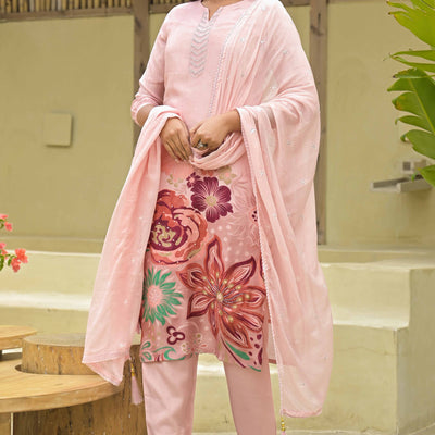 Blush Peach Floral Printed Muslin Straight Salwar Suit With Handwork