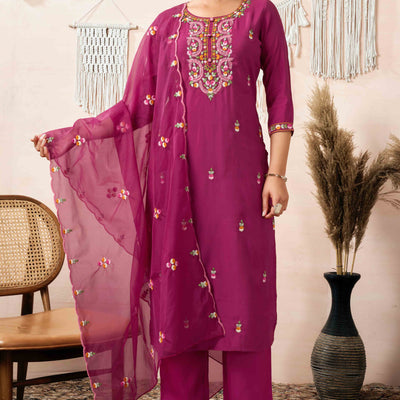 Burgundy Floral Embroidered Chanderi Silk Straight Salwar Suit