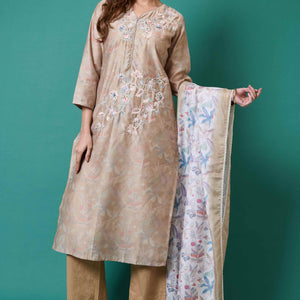 Light Olive Floral Embroidered Chanderi Silk Straight Salwar Suit