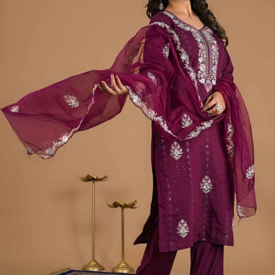 Imperial Purple Floral Embroidered Sequins Work Cotton Silk Straight Salwar Suit