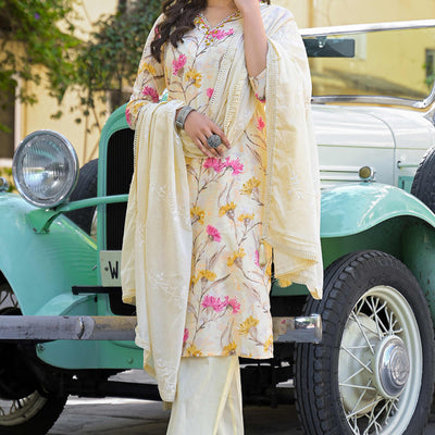 Light Yellow Floral Printed Thread Work Pure Cotton Straight Salwar Suit