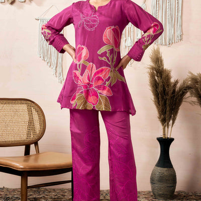 Mulberry Wine Beads Work Digital Printed Muslin Co-Ord Set
