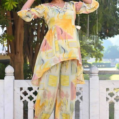 Cream & Yellow Printed With Embroidered Pure Chinon A-Line Co-Ord Set