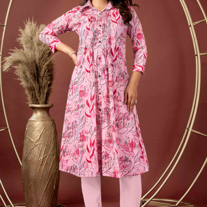 Light Peach Floral Printed Pure Cotton A-Line Kurti