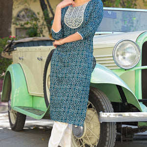 Bottle Green Bandhani Printed Thread Work Rayon Straight Kurti