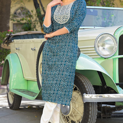 Bottle Green Bandhani Printed Thread Work Rayon Straight Kurti