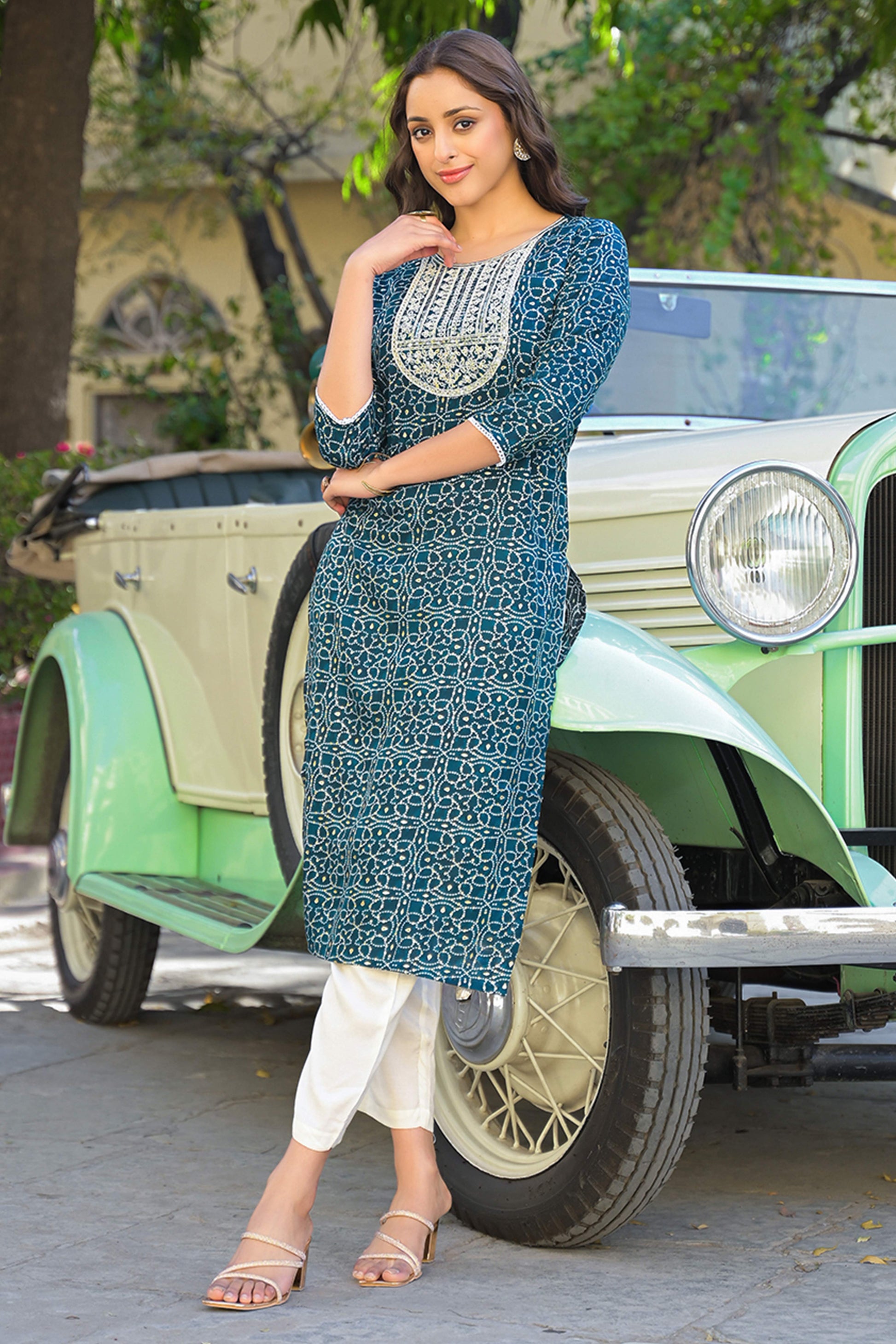 Bottle Green Bandhani Printed Thread Work Rayon Straight Kurti