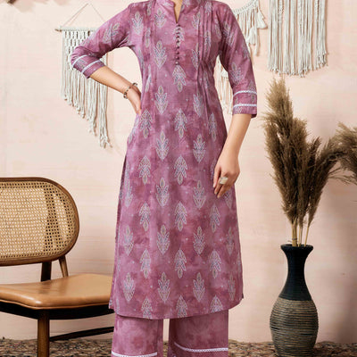 Mauve Floral Foil Printed Cambric Cotton Kurti Palazzo Set
