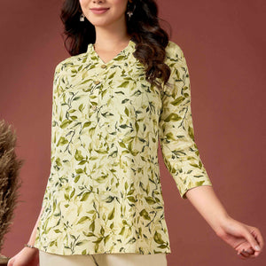 Cream & Olive Floral Printed Rayon Top