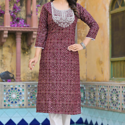 Maroon Bandhani With Embroidered Rayon Straight Kurti