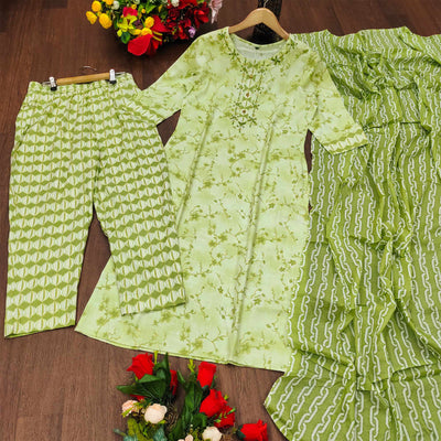 Light Green Printed Pure Cotton Kurti Palazzo Set With Dupatta