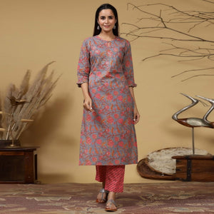 grey-floral-printed-with-gota-work-pure-cotton-kurti-pant-set