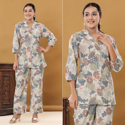 Grey Printed Muslin Co Ord Set