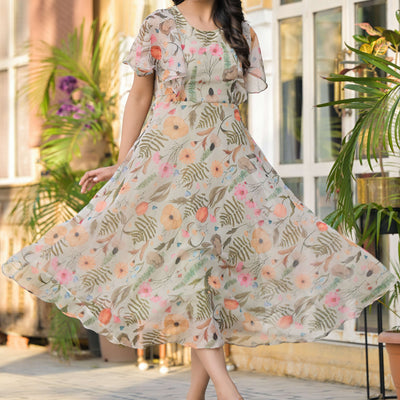 Light Olive Digital Floral Printed Chiffon Maxi Dress