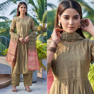 Brown Floral Embroidered Pure Silk Anarkali Suit