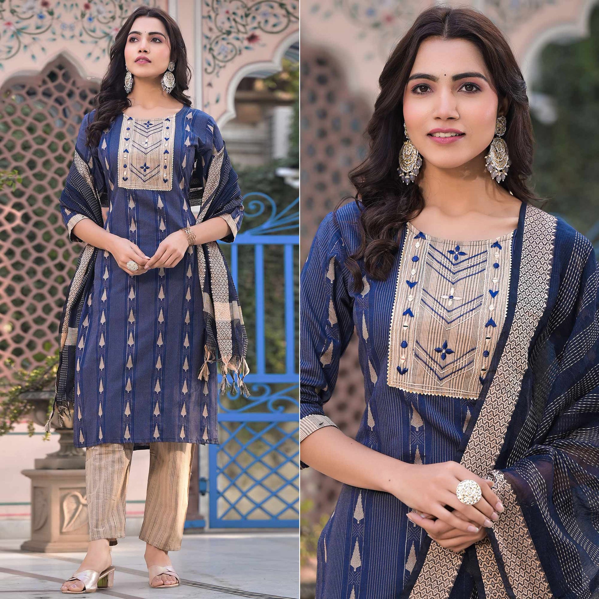 Blue Woven Pure Cotton Straight Salwar Suit