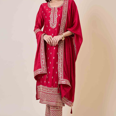 Dark Pink Embroidered Vichitra Silk Salwar Suit