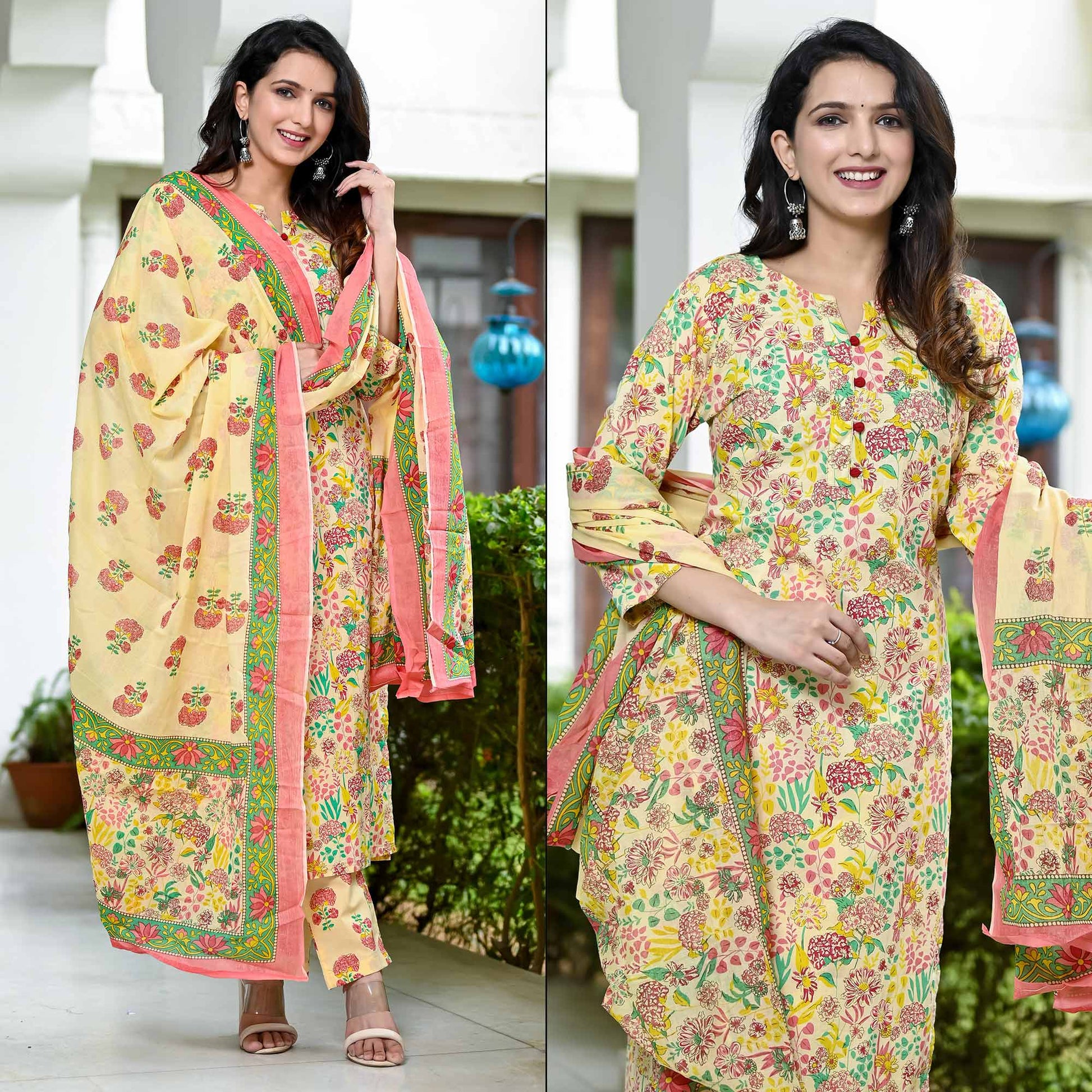Cream Floral Printed Pure Cotton Salwar Suit
