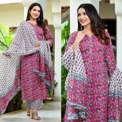 Magenta Purple Floral Printed Pure Cotton Salwar Suit