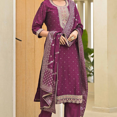 Dark Purple Golden Embroidered Vichitra Silk Salwar Suit