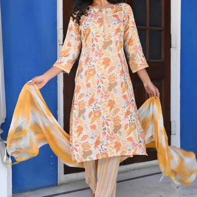 Cream & Yellow Floral Foil Printed Rayon Salwar Suit
