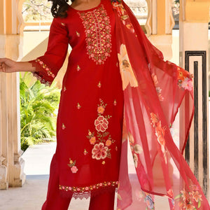 Maroon Floral Embroidered Chanderi Silk Salwar Suit