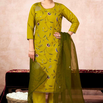 Lime Yellow Floral Embroidered Muslin Straight Salwar Suit