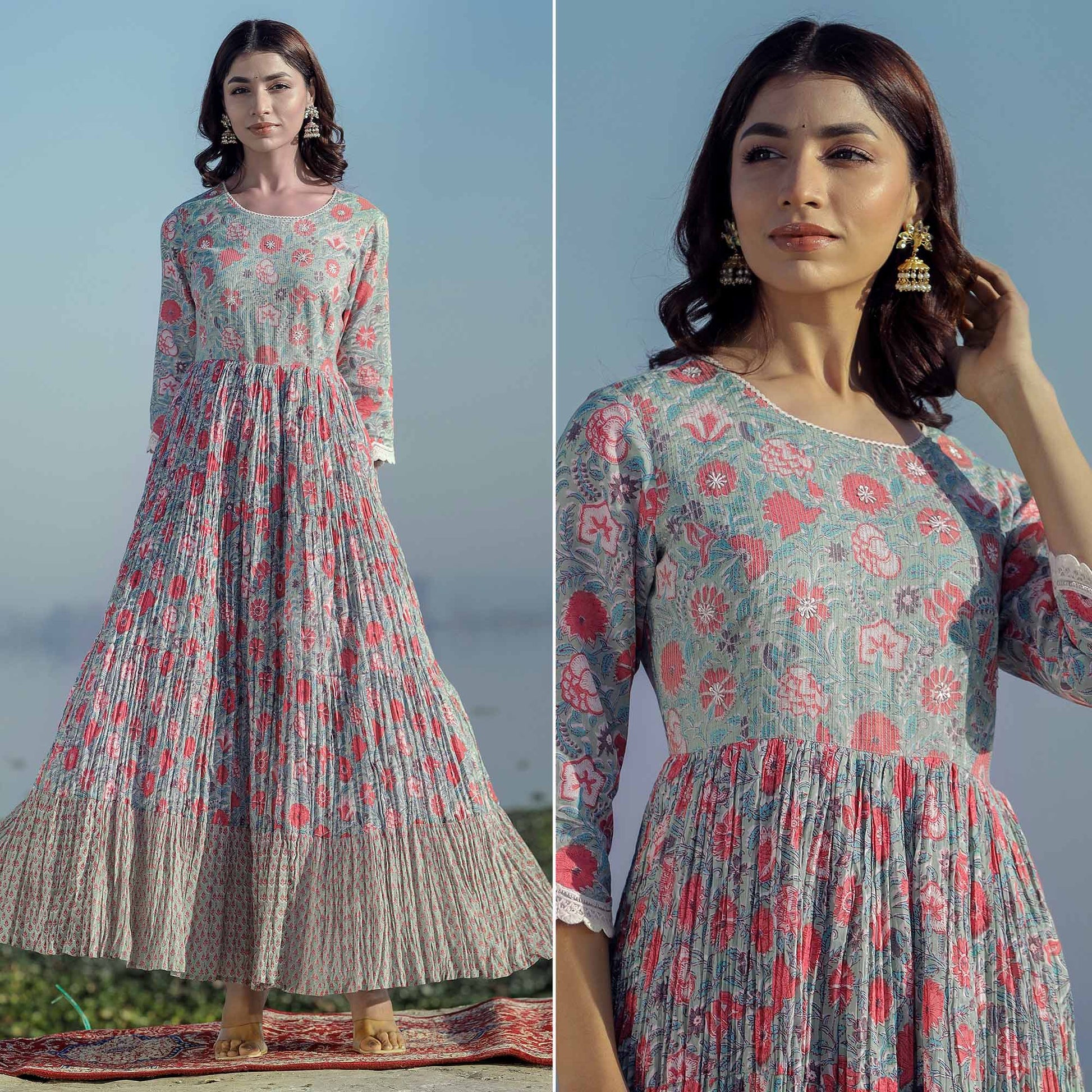green-floral-printed-pure-cotton-gown