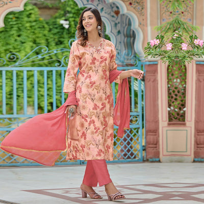 Light Peach Floral Foil Printed Chanderi Suit