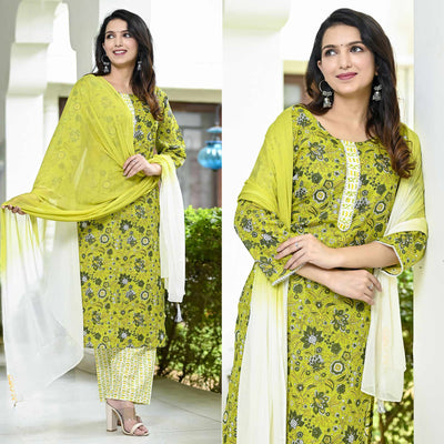 Lemon Green Floral Printed Pure Cotton Suit