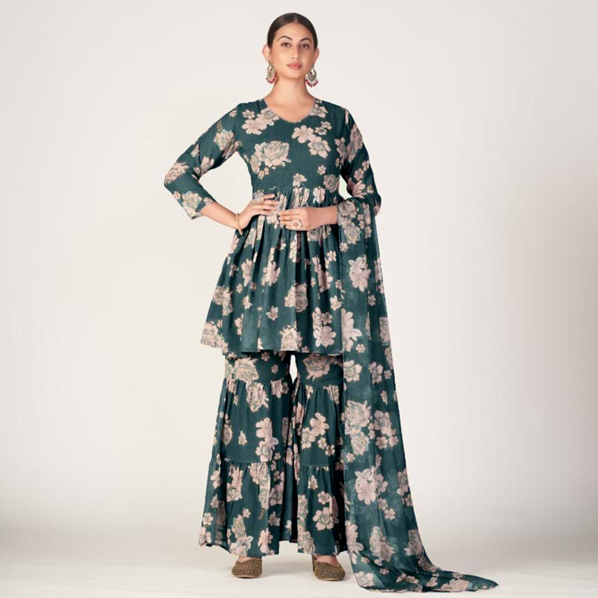 green-floral-printed-georgette-sharara-suit