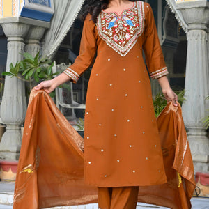 Brown Sequins Embroidered Viscose Salwar Suit