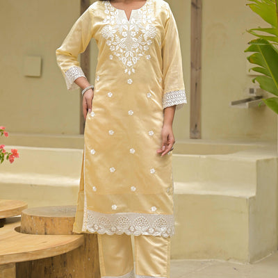 Chikoo Floral Embroidered Chanderi Kurti Pant Set