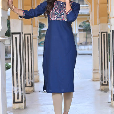 Blue Yoke Embroidered Rayon Slub Straight Kurti