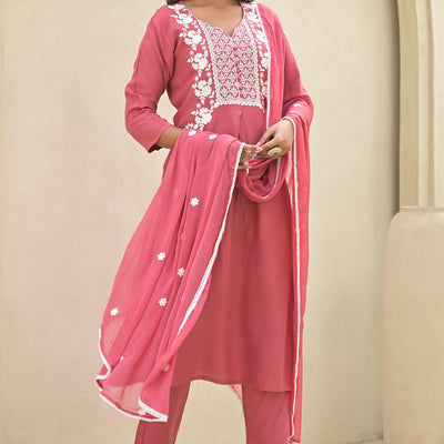 Gajri Pink Floral Embroidered Rayon Salwar Suit